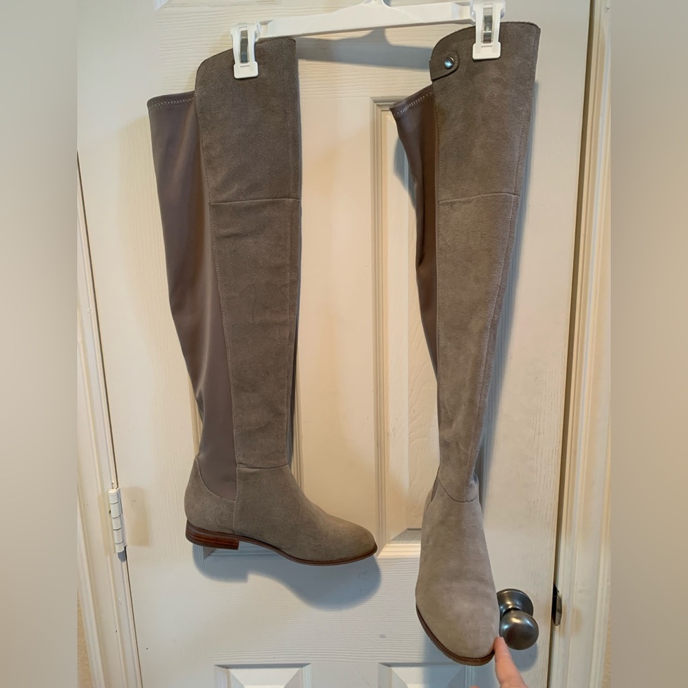 Grey knee high boots